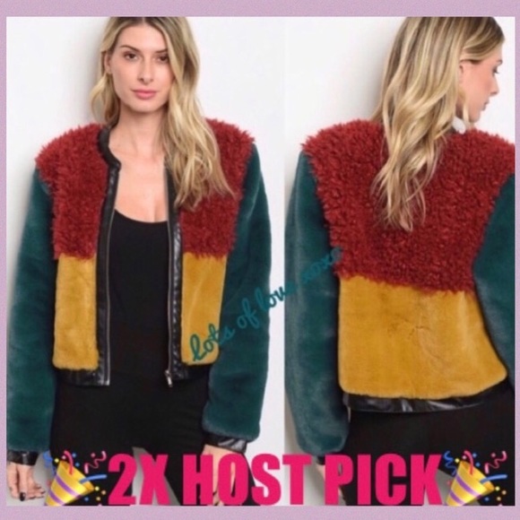 Green Mustard Multicolor Block Lined Faux Fur Jacket - Picture 2 of 9